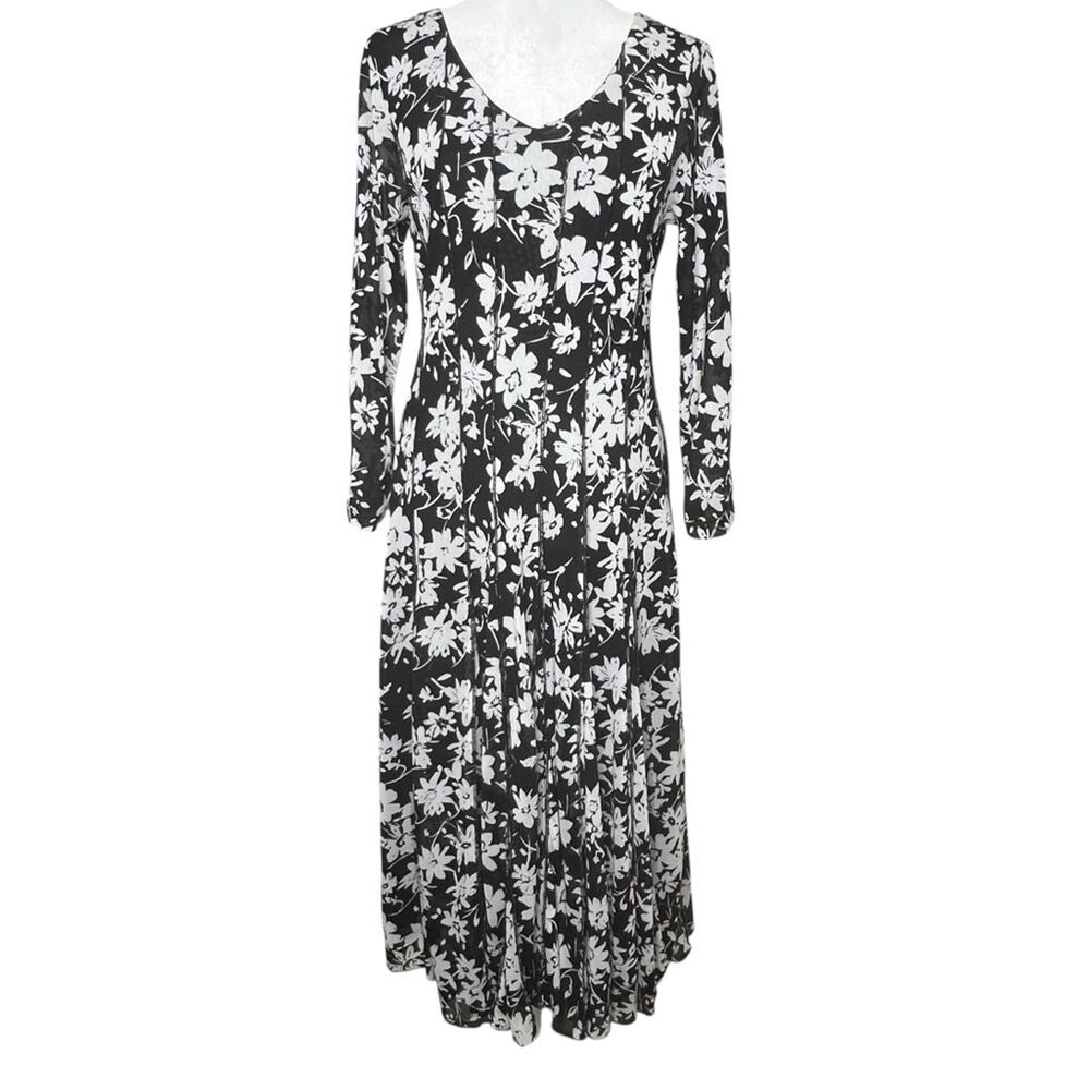 Coldwater Creek Floral Mesh Midi Dress 8 Black White Inverted Pleats Stretchy
